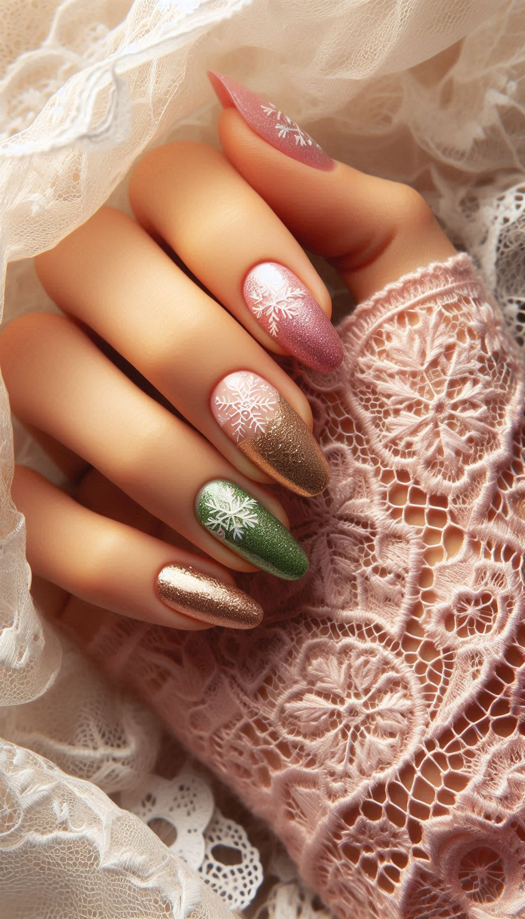 Deck your nails with snowflakes and glitter for a frosty, festive feel. These Christmas nails are sure to make you shine!