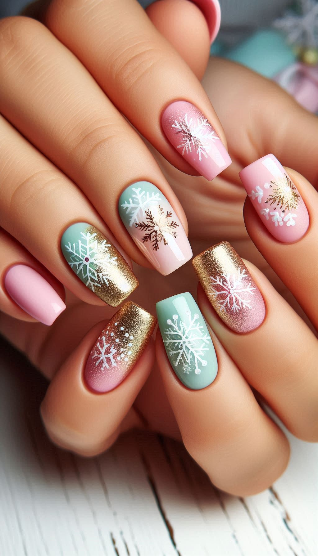 Make your nails the star of the season with snowflakes and glitter. Perfect for adding a touch of holiday magic to your look!