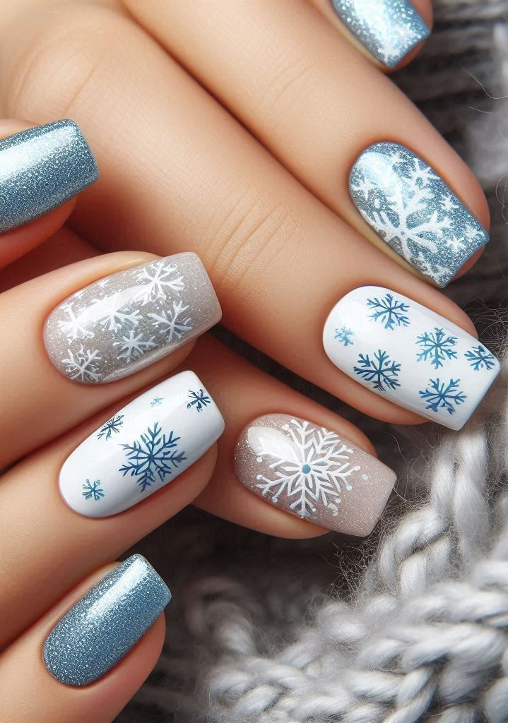 Get your nails holiday-ready with a dazzling mix of snowflakes and glitter. Perfect for bringing the sparkle of the season to your fingertips!