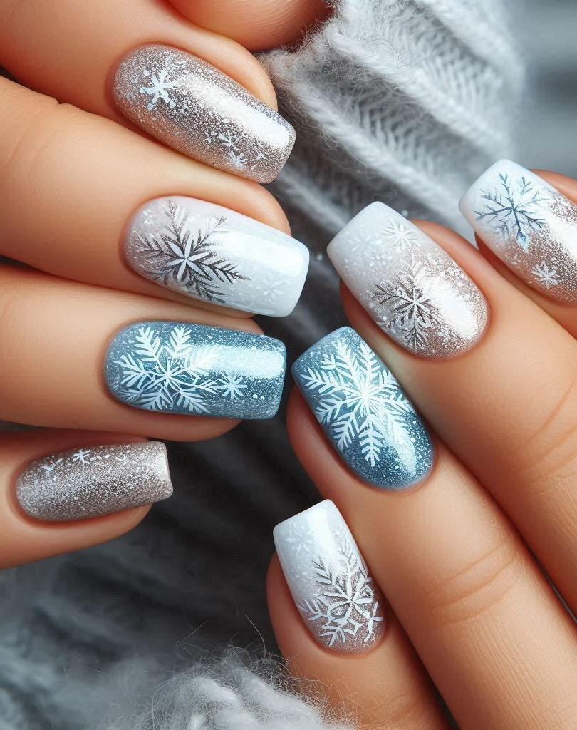 Add some frosty magic to your nails with snowflakes and glitter. These Christmas nails are perfect for a festive, sparkling look!