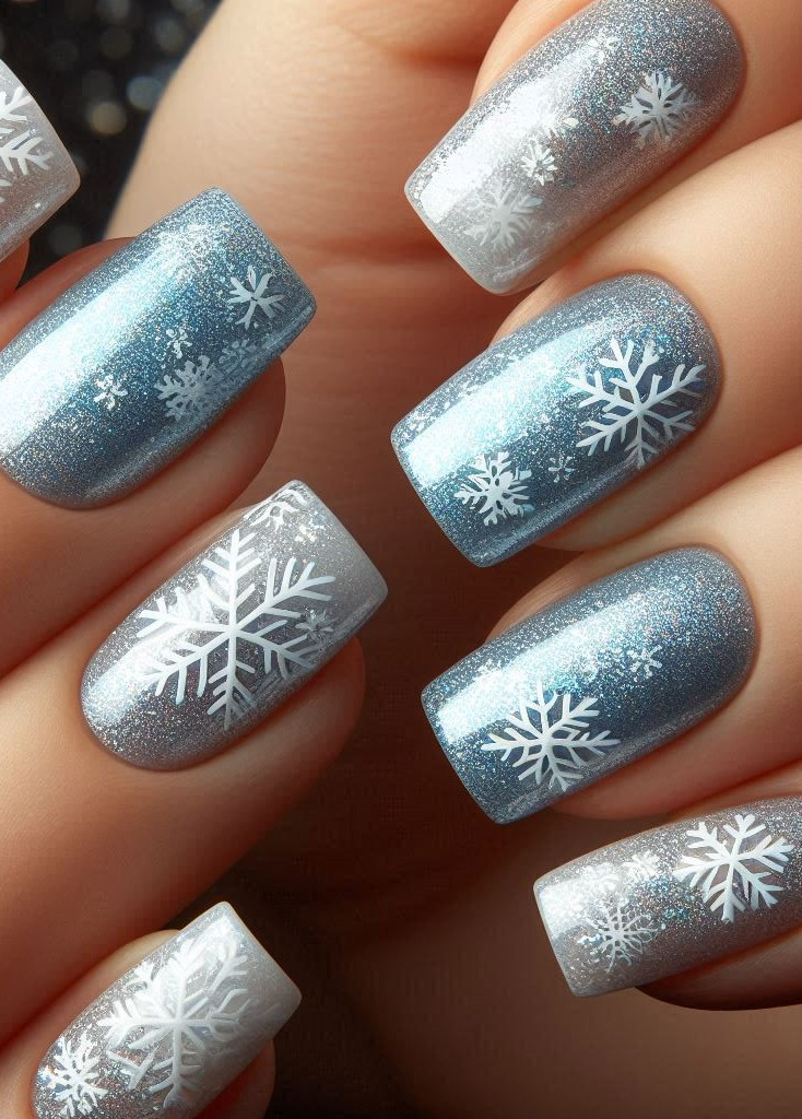 Let it snow on your nails with delicate snowflakes and glitter. This festive design captures the beauty of winter and the sparkle of Christmas!