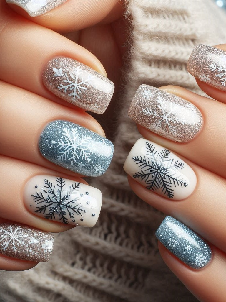 Shine bright this holiday season with snowflakes and glitter nails. Perfect for adding a touch of elegance and sparkle to your festive look!