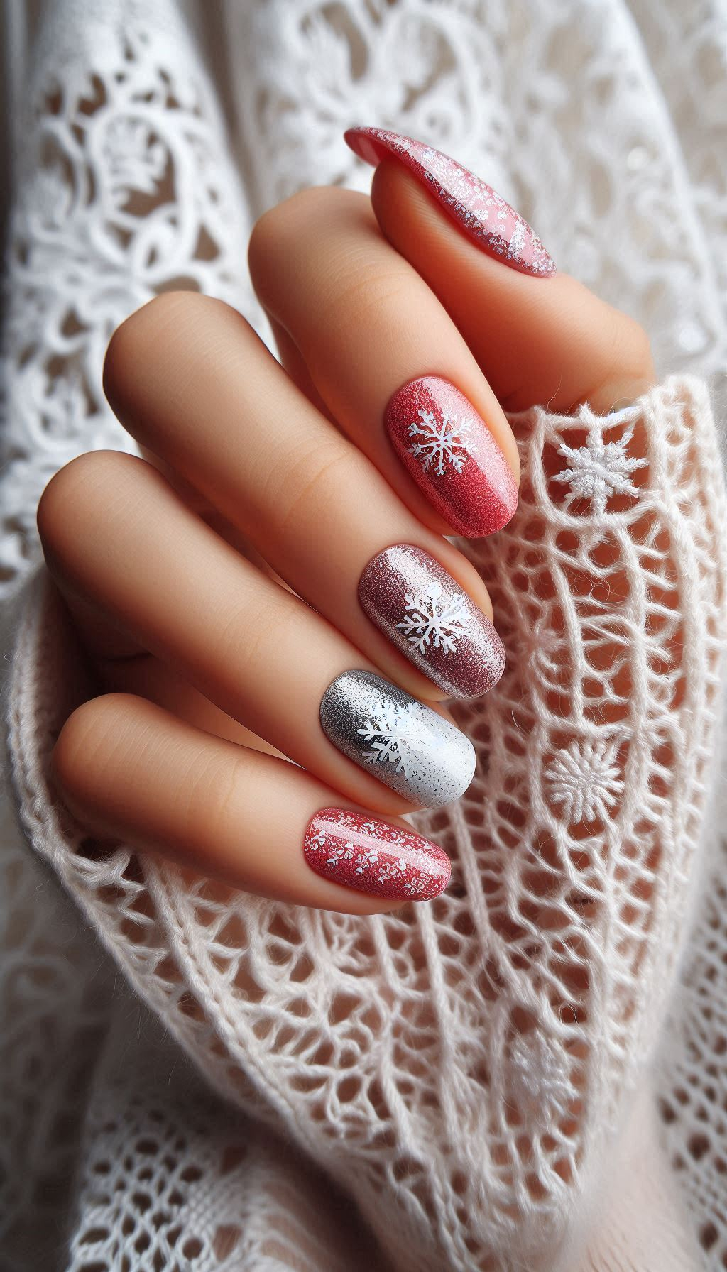 Capture the magic of a winter wonderland on your nails with snowflakes and glitter. Perfect for a festive, sparkling manicure!