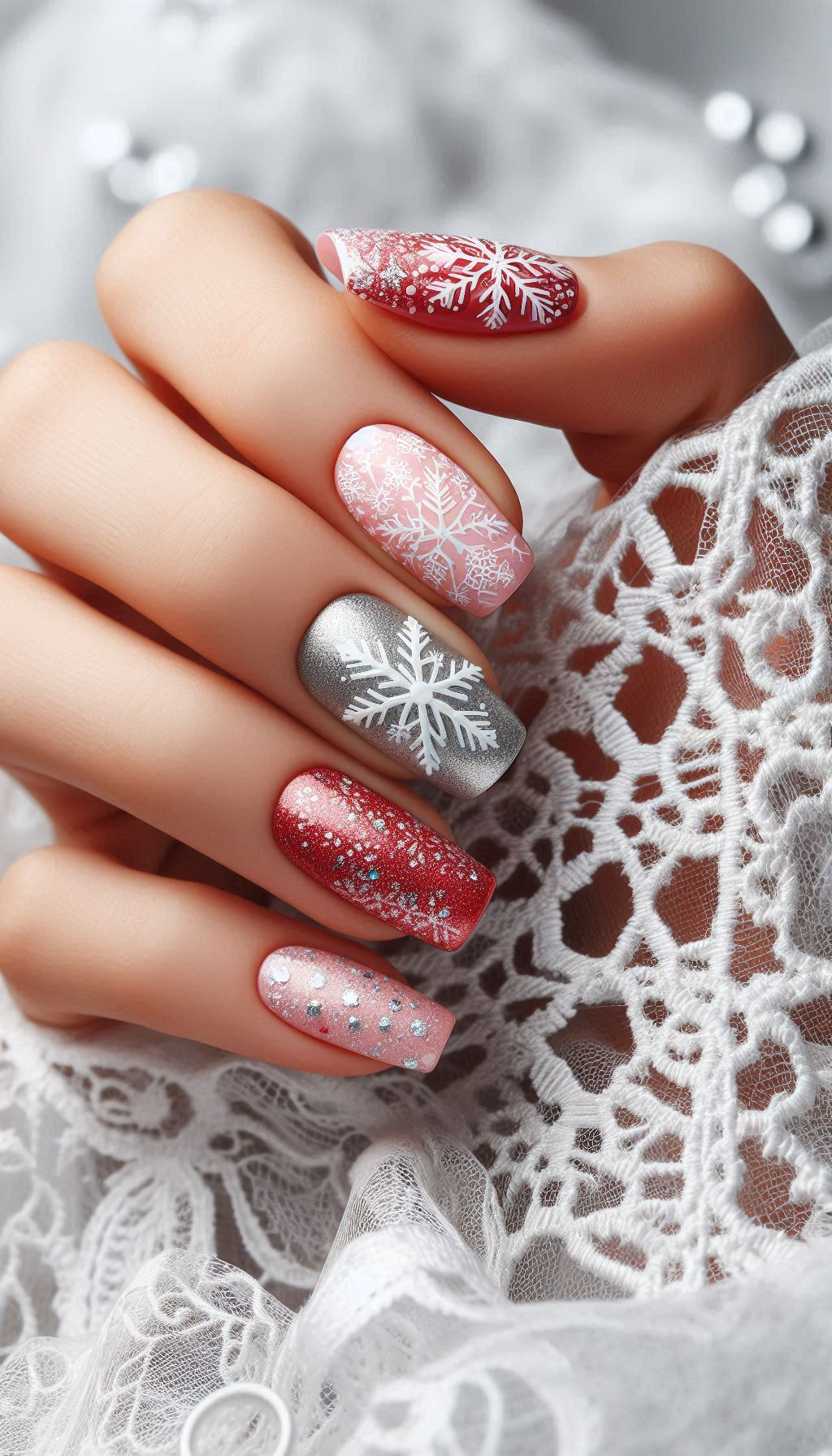 Get into the holiday spirit with snowflakes and glitter nails. These designs are a perfect mix of festive charm and winter sparkle!