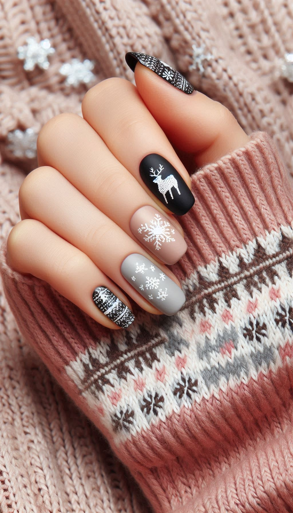 Flaunt festive fingertips with snowflakes and reindeer nail art. The perfect blend of holiday whimsy and winter wonderland vibes!