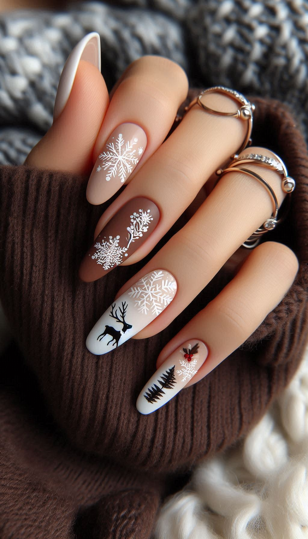 Create a mini winter wonderland on your nails with snowflakes and reindeer designs. Festive, fun, and fabulously festive for the holiday season!