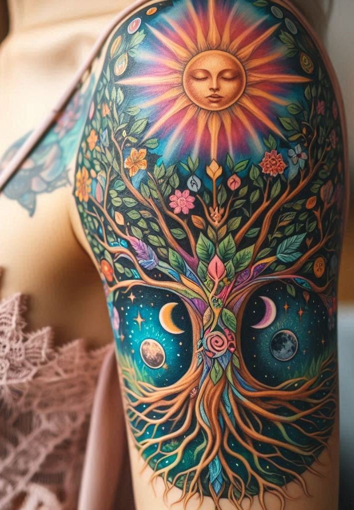 Let your ink flourish with Tree of Life witchcraft tattoos. These designs celebrate growth, strength, and unity!
