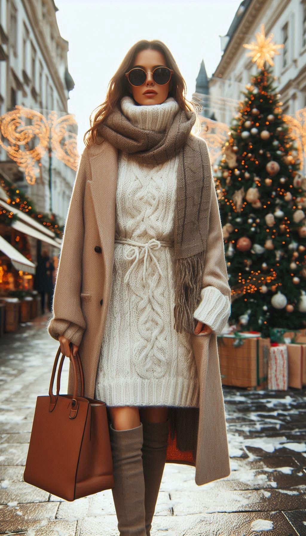 85 Effortlessly Chic Christmas Outfit Ideas That Slay | Pocoko Stay stylish and warm with a white cable knit dress and brown boots. Perfect for a cozy and fashionable Christmas outfit
