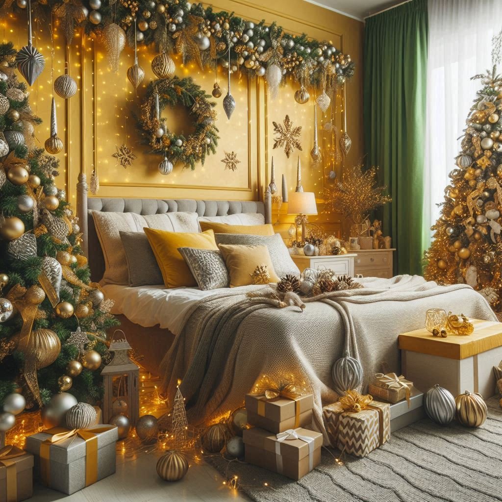 Christmas Bedroom Decorations: 95+ Absolutely Stunning Ideas | Pocoko Brighten your bedroom with sunny yellow Christmas decorations. Perfect for a cheerful and festive holiday look!