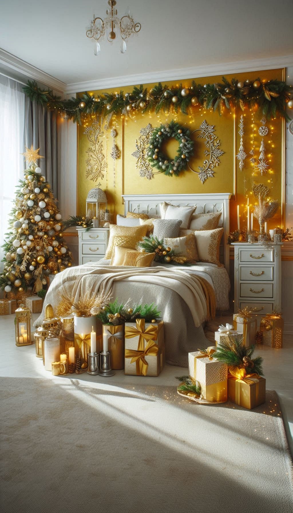 Christmas Bedroom Decorations: 95+ Absolutely Stunning Ideas | Pocoko Transform your bedroom with vibrant yellow Christmas decorations. A bright and cheerful twist on holiday decor!