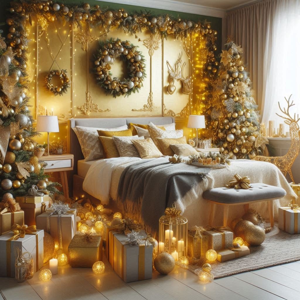 Christmas Bedroom Decorations: 95+ Absolutely Stunning Ideas | Pocoko Bring the warmth of sunshine to your Christmas decor with yellow decorations. Perfect for a joyful and festive bedroom!