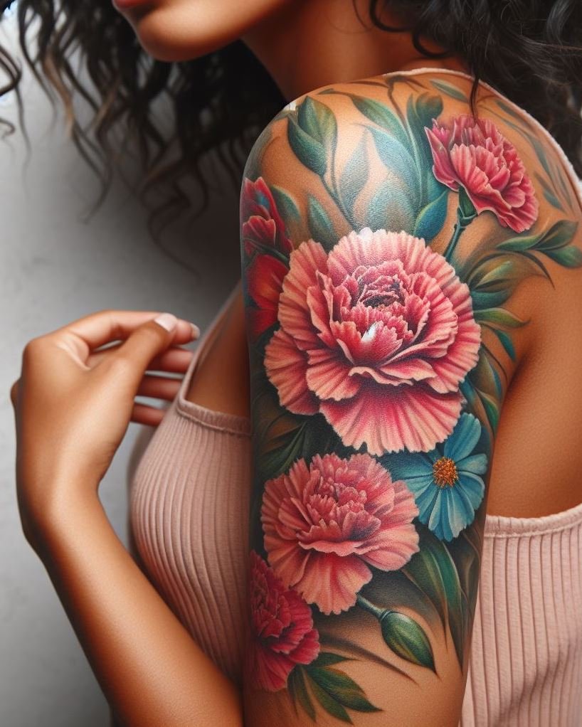 Celebrate your January birth with a stunning carnation bouquet tattoo. These flowers symbolize love and admiration—perfect for showing off your inner beauty!