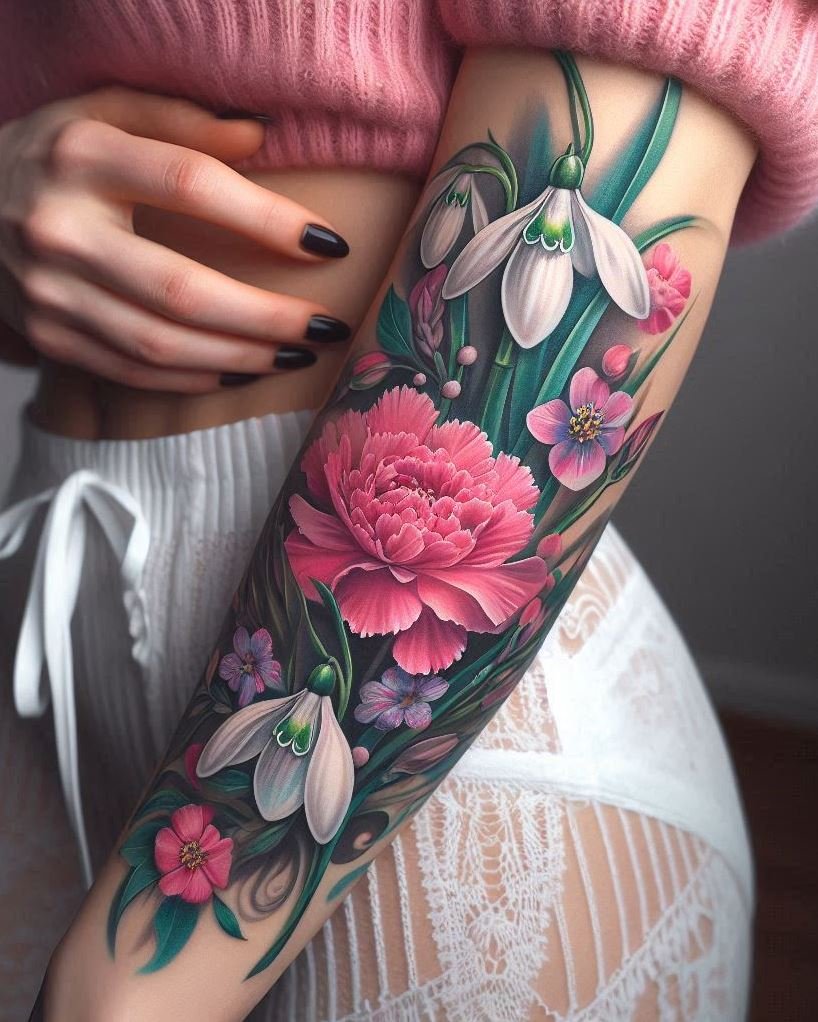 Celebrate your January birth with a beautiful mix of snowdrop and carnation tattoos. These flowers symbolize hope and love, perfect for adding a touch of winter elegance to your ink!
