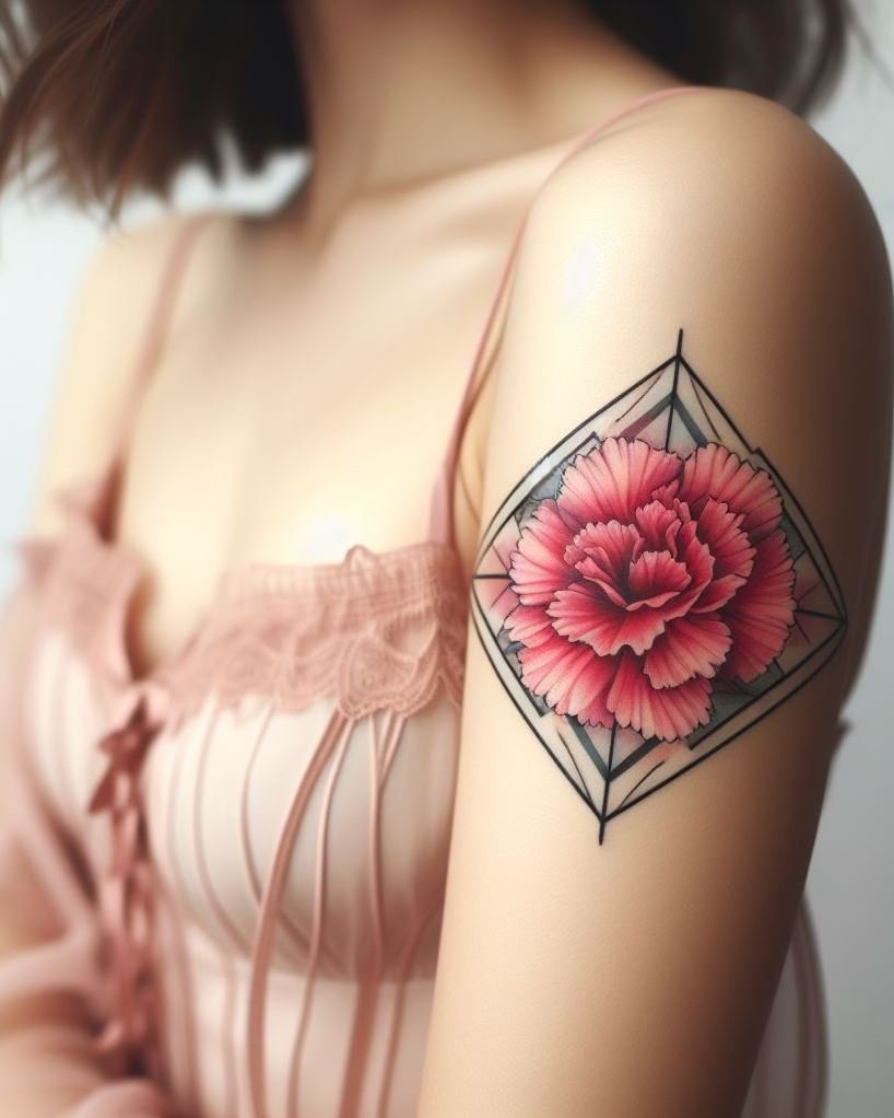 Celebrate January with a geometric carnation tattoo. These stunning designs blend classic beauty with modern lines, perfect for those who love a touch of elegance!