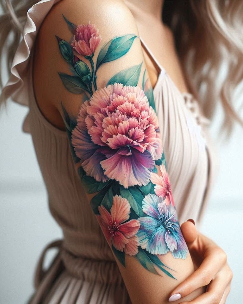 January babies, embrace the delicate beauty of a watercolor carnation tattoo. The soft, flowing hues capture the essence of winter elegance with a splash of creativity!