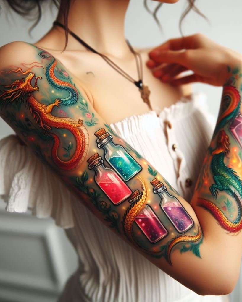 Magic Potion Tattoo Ideas: Channel your inner sorcerer with a tattoo featuring dragons and potions. A spellbinding design that's sure to impress.