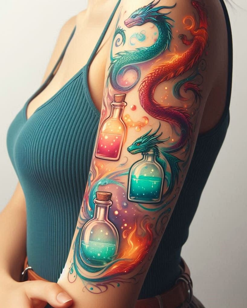 Add a touch of the extraordinary to your ink with dragons and potion tattoos. A dazzling mix of fierce and magical elements!