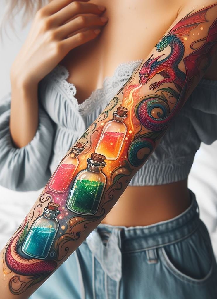 Combine the mystical power of dragons with the charm of magic potions in your tattoo. A bewitching design for fantasy lovers!
