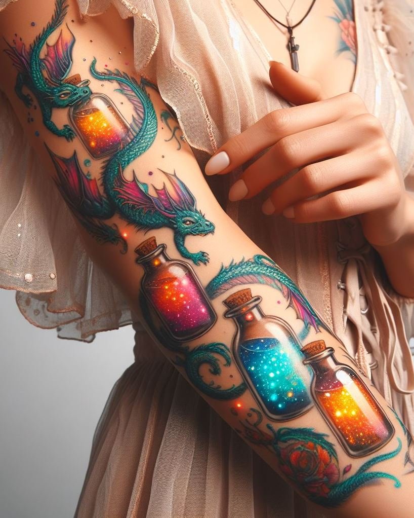 Magic Potion Tattoo Ideas: Capture the essence of mystical legends with a tattoo that features dragons and potions. It's like wearing a fairy tale on your skin!
