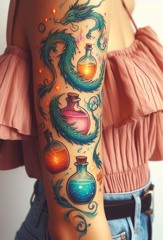 Breathe fire and magic into your tattoo with dragons and potions. A perfect blend of mythical creatures and enchanting brews!