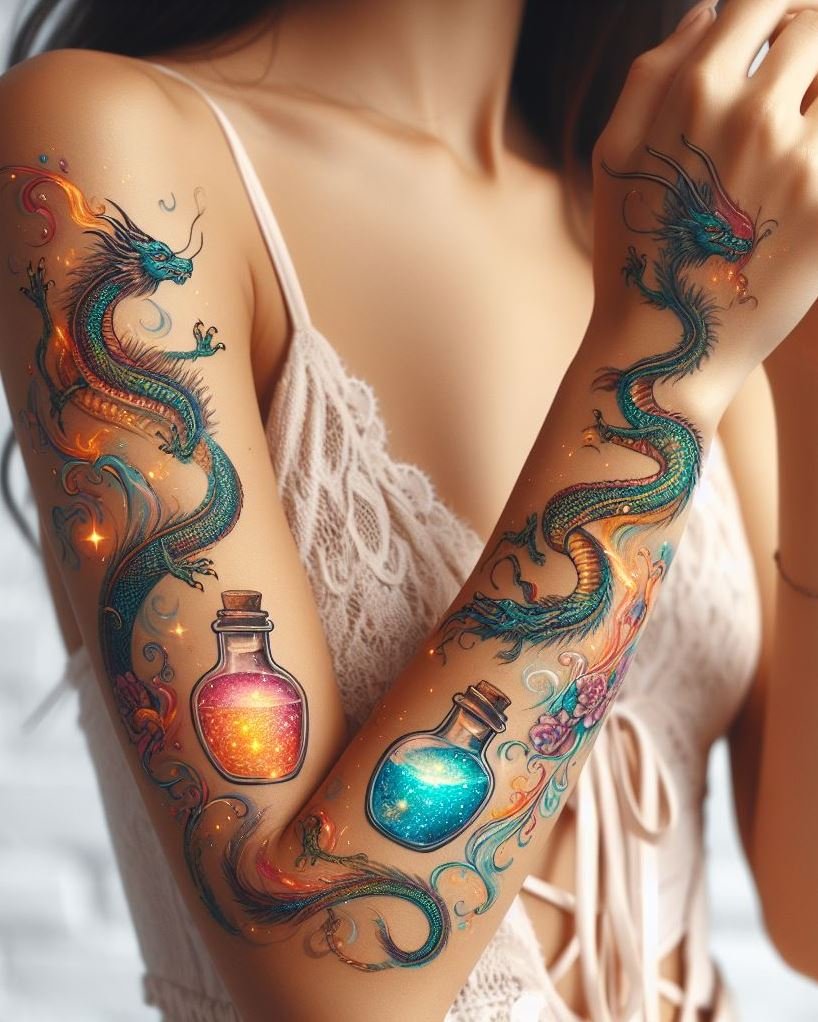Let your tattoo tell a story of magic and adventure with dragons and potions. For those who believe in the power of fantasy!