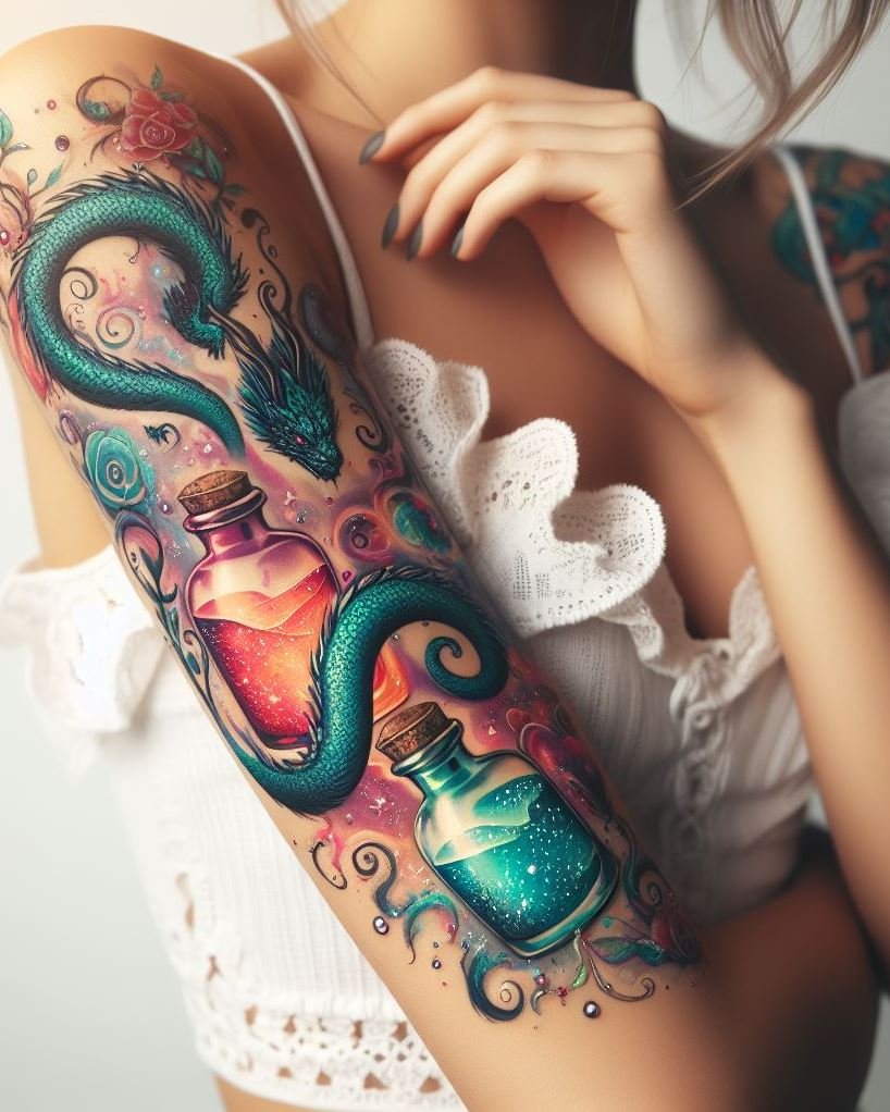 Conjure up some mythical charm with a tattoo featuring dragons and potions. Perfect for adding a touch of enchantment to your ink.