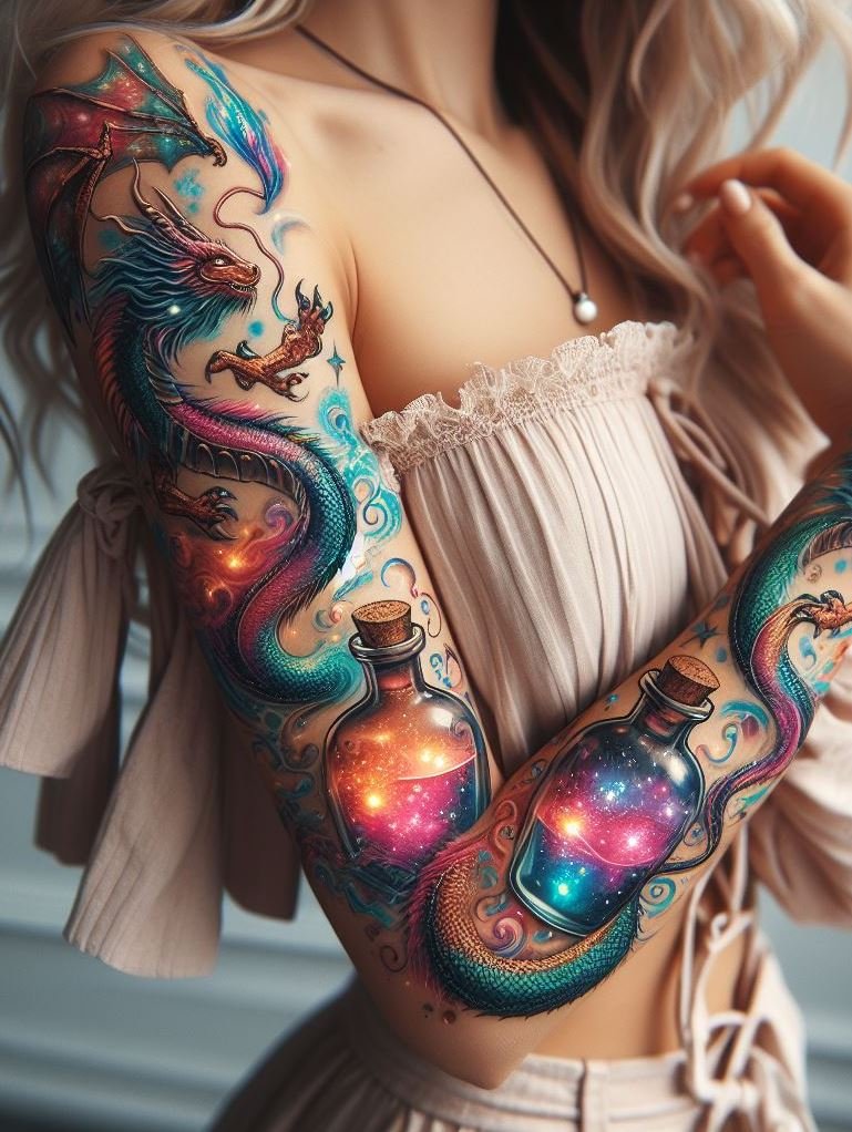 Infuse your skin with magic and mystery with a tattoo of dragons and potions. A captivating design for true fantasy fans!