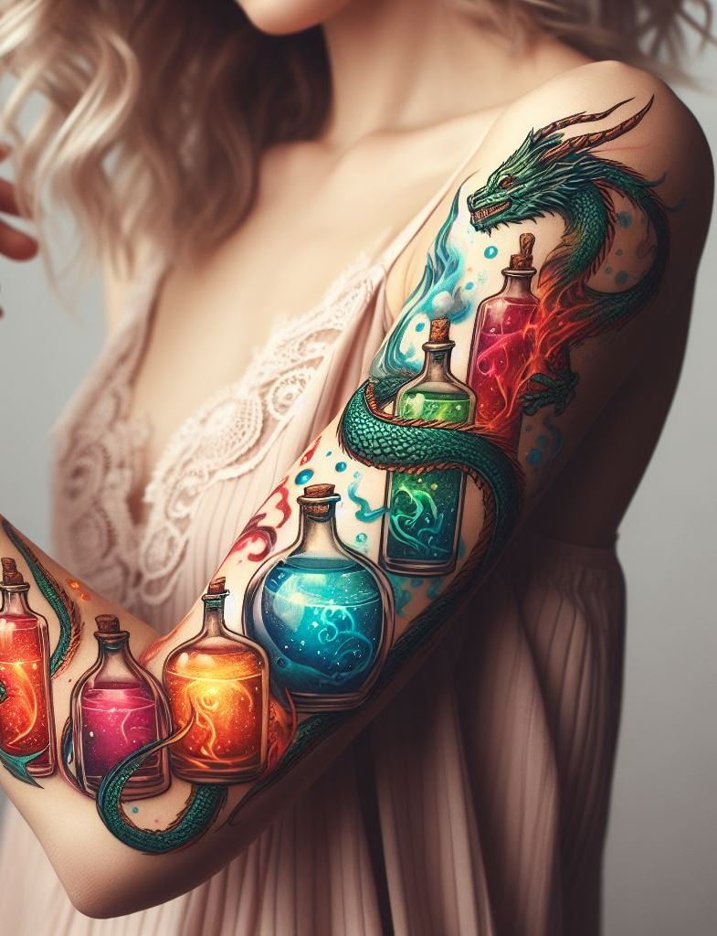 Embrace the fantasy realm with a tattoo of dragons and potions. It's like having a piece of a magical world with you always!