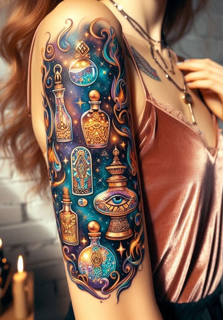Channel ancient magic with a tattoo featuring Egyptian hieroglyphs and potion designs. Perfect for a touch of mystical history on your skin!