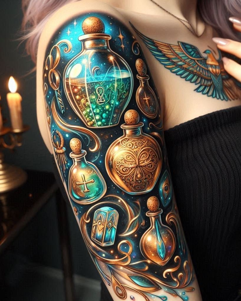 Capture the essence of ancient Egypt with a hieroglyphs and potion tattoo. Perfect for those who love a touch of mystical history.
