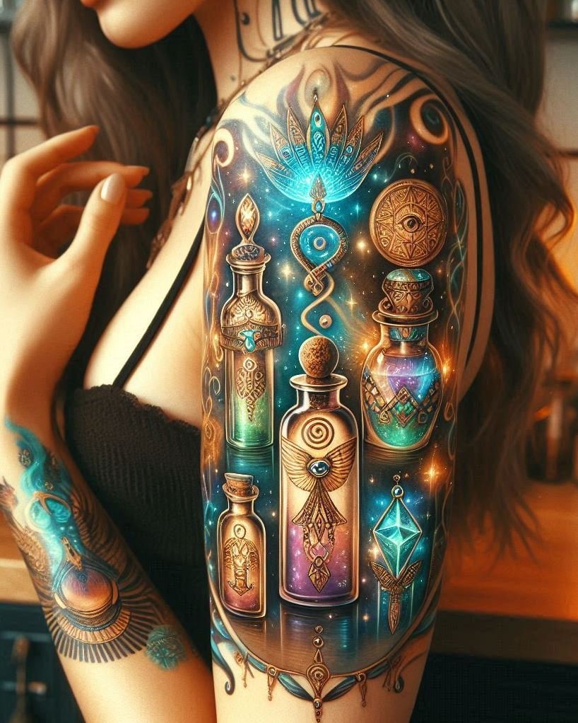 Magic Potion Tattoo Ideas: Combine the ancient symbols of Egypt with the magic of potions in your tattoo. A unique design that's rich in history and enchantment!