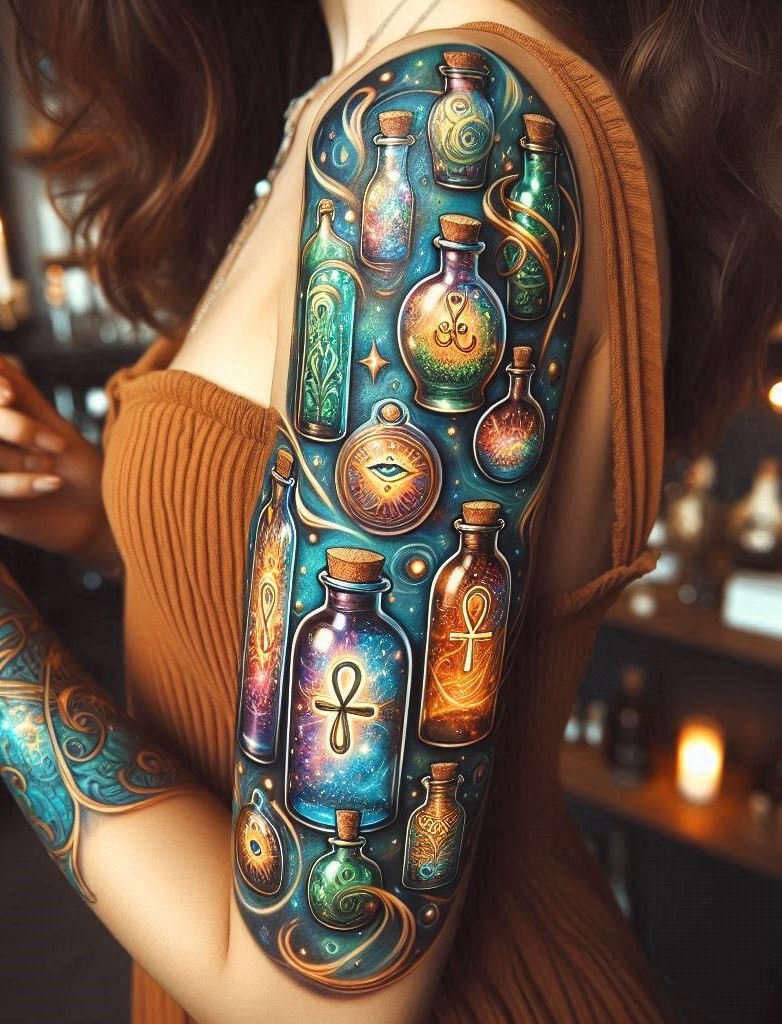 Sip on the secrets of the pyramids with an Egyptian hieroglyphs magic potion tattoo. For a dose of ancient mystique in your ink.