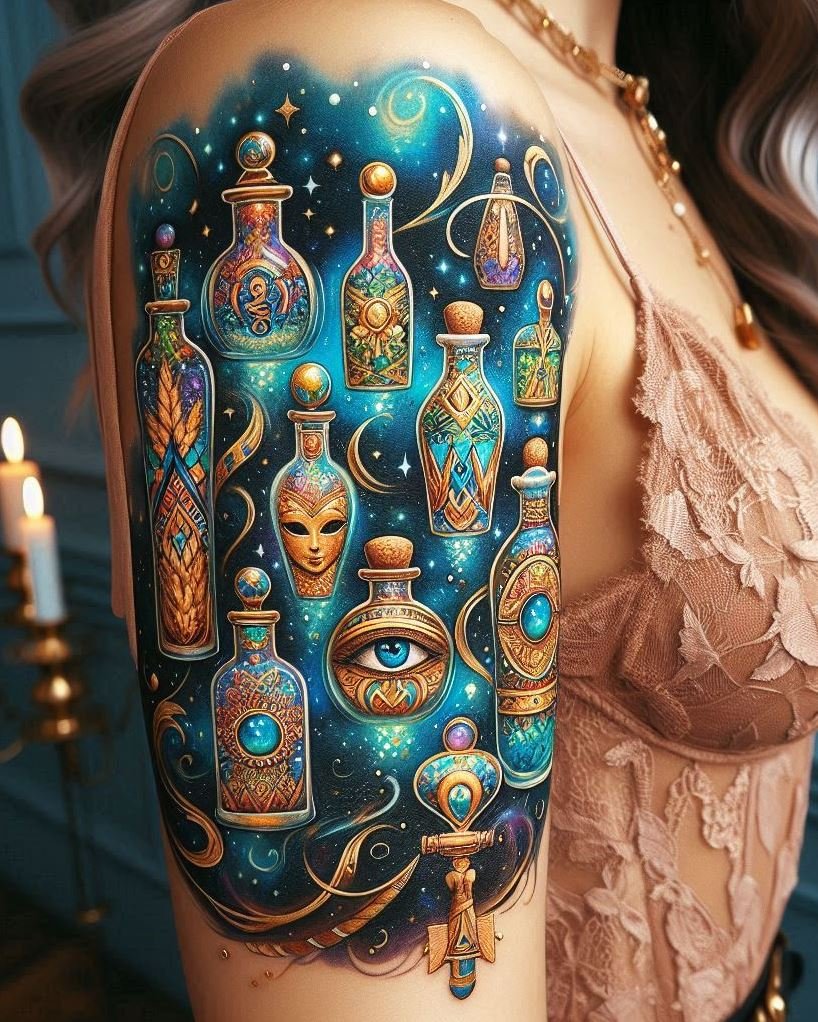 Add a touch of ancient Egypt to your tattoo with hieroglyphs and potion designs. Perfect for a timeless and mystical look!