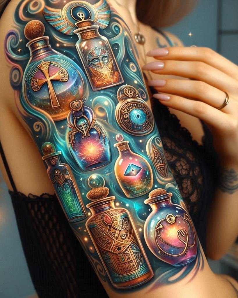 Unlock the secrets of the pharaohs with an Egyptian hieroglyphs-inspired magic potion tattoo. A timeless design for the history buff in you.