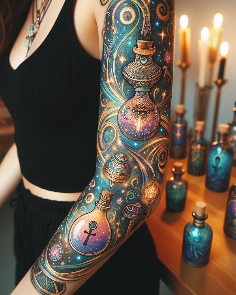 Conjure the magic of the Nile with an Egyptian hieroglyphs-inspired potion tattoo. A spellbinding design that’s steeped in history.