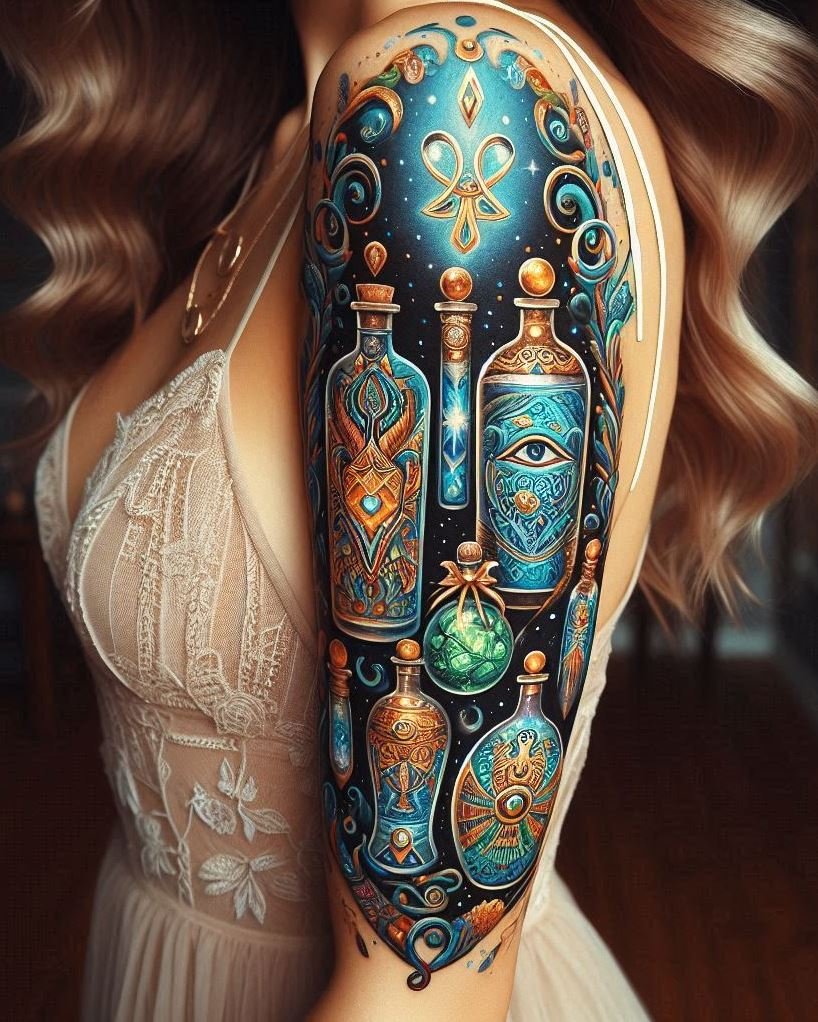 Embrace the ancient with a touch of magic in an Egyptian hieroglyphs potion tattoo. Perfect for lovers of mystical history.