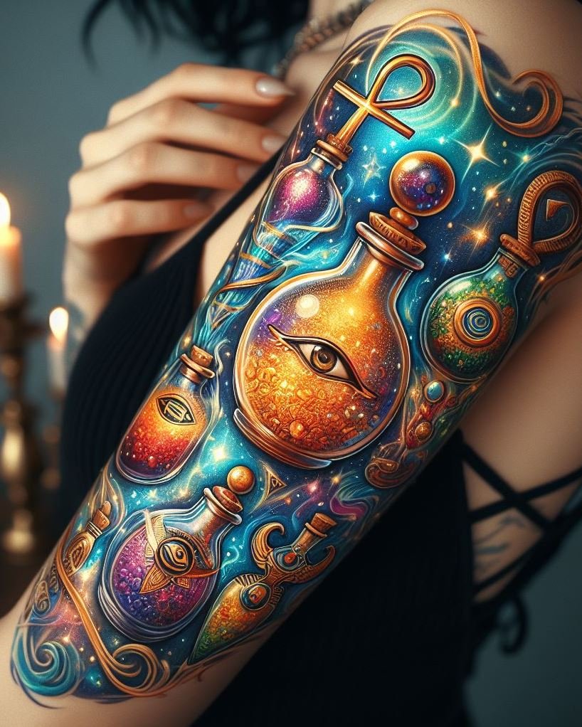 Magic Potion Tattoo Ideas: Turn your tattoo into a piece of ancient art with Egyptian hieroglyphs and potion designs. A unique blend of history and enchantment!