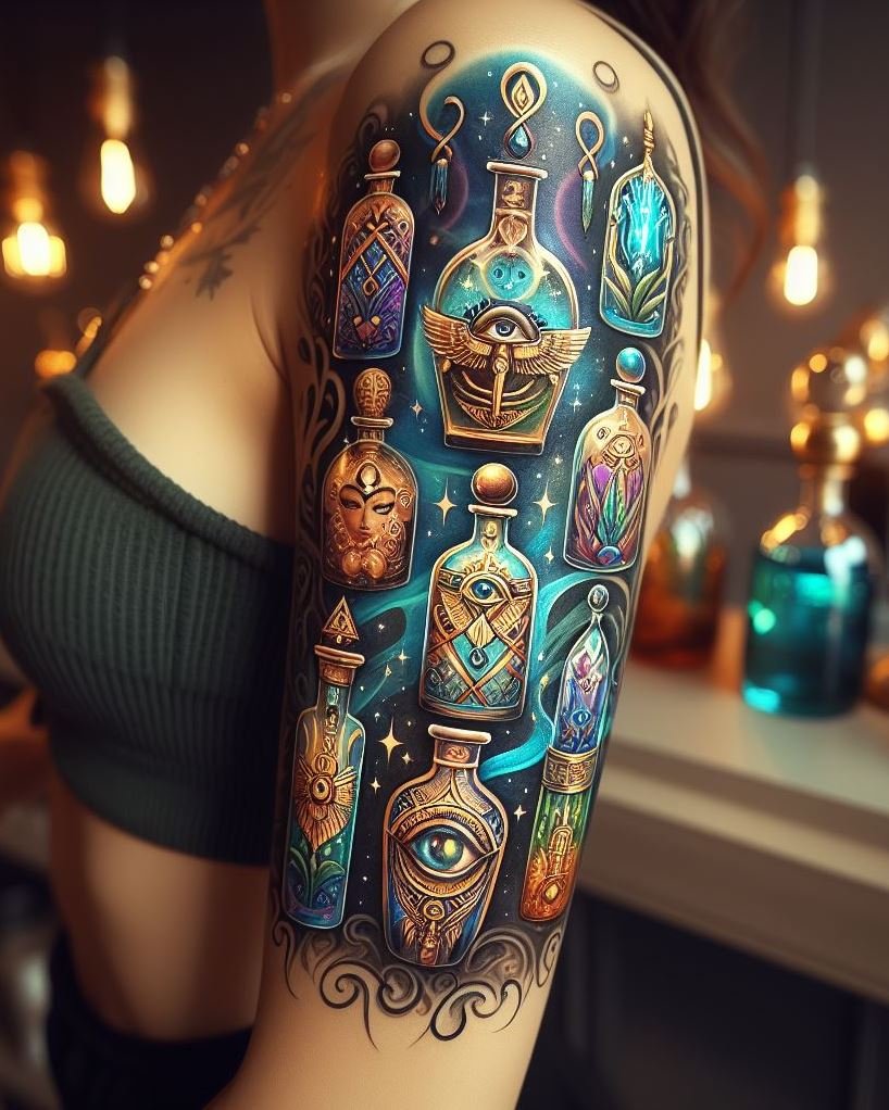 Unlock the mysteries of ancient Egypt with a hieroglyphs and potion tattoo. Perfect for those who love historical magic!