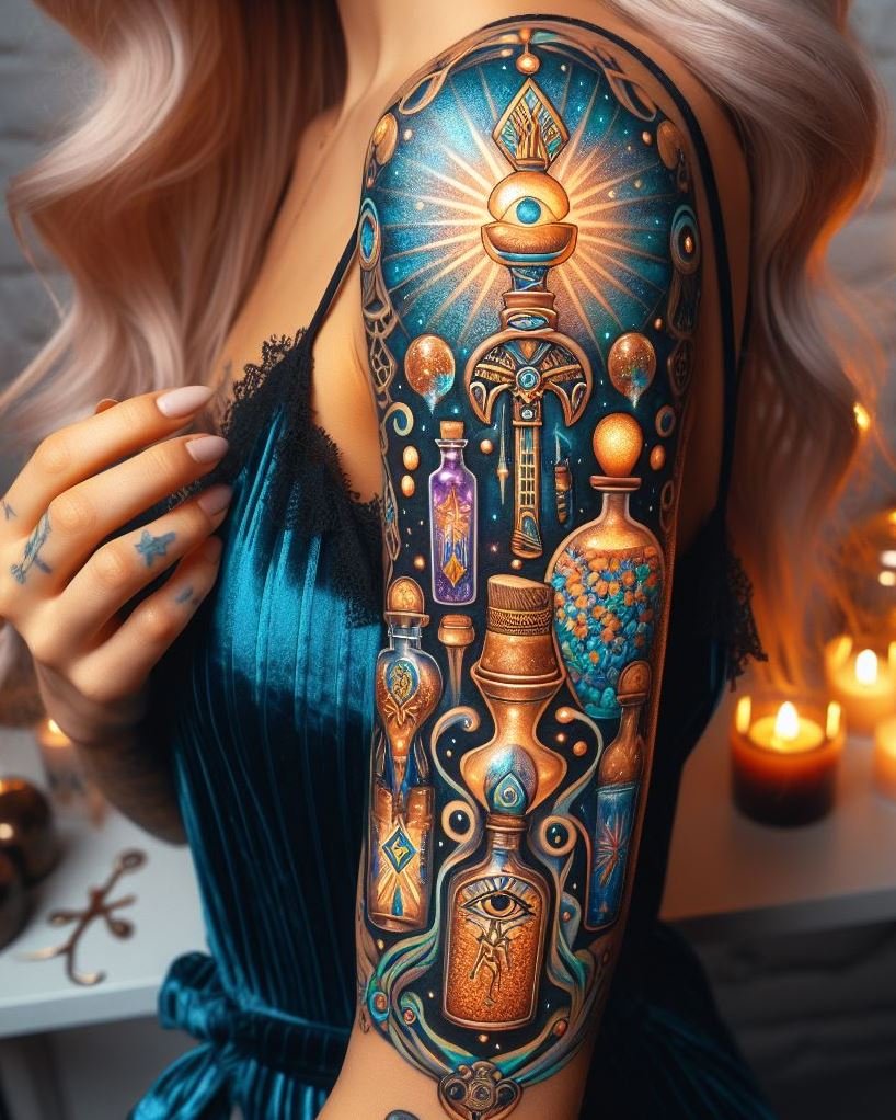 Blend ancient symbols with mystical potions in an Egyptian hieroglyphs-inspired tattoo. A design that's as timeless as it is enchanting!