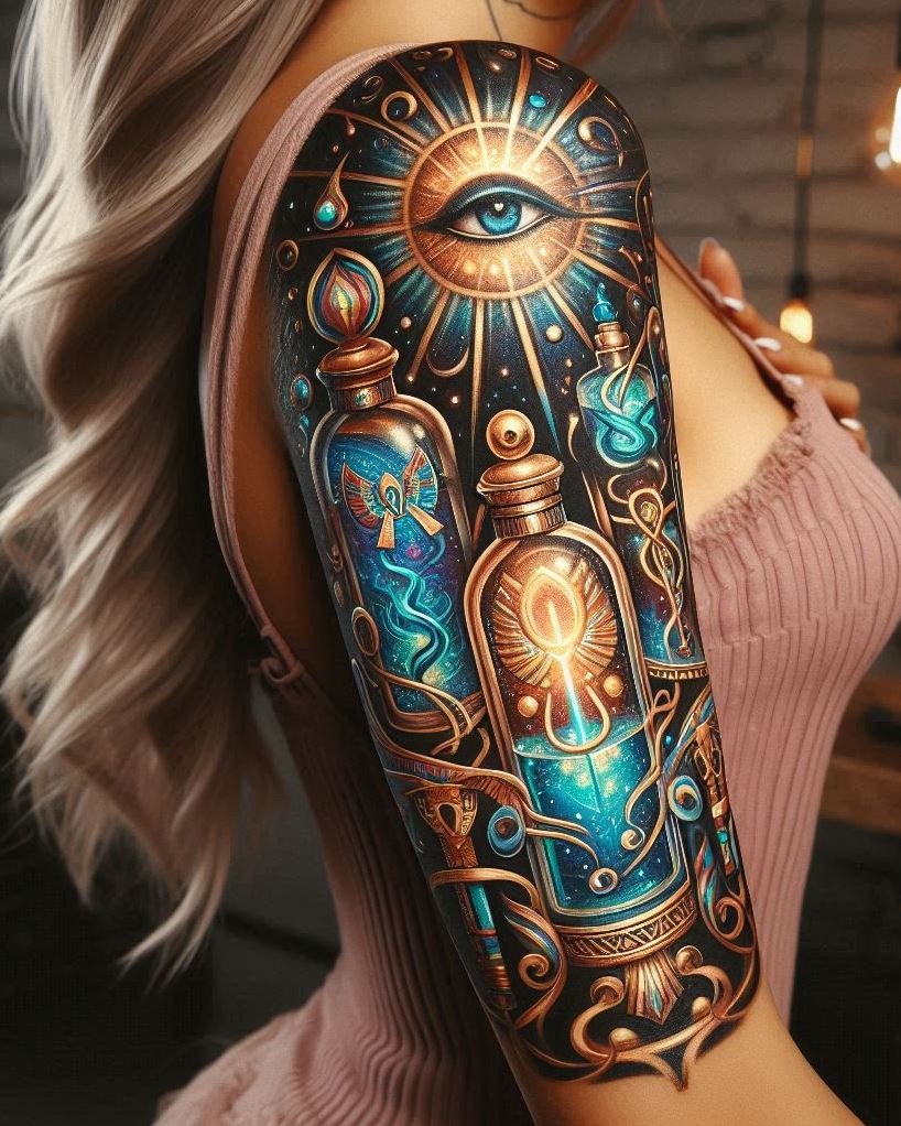 Bring the magic of ancient Egypt to life with a hieroglyphs and potion tattoo. A captivating design for true lovers of history and fantasy.