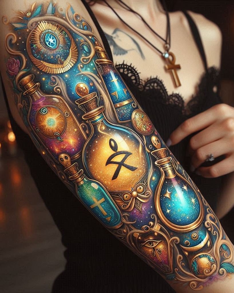 Magic Potion Tattoo Ideas: Combine the ancient allure of Egypt with the enchantment of potions in your tattoo. A unique design that captures the magic of the past.