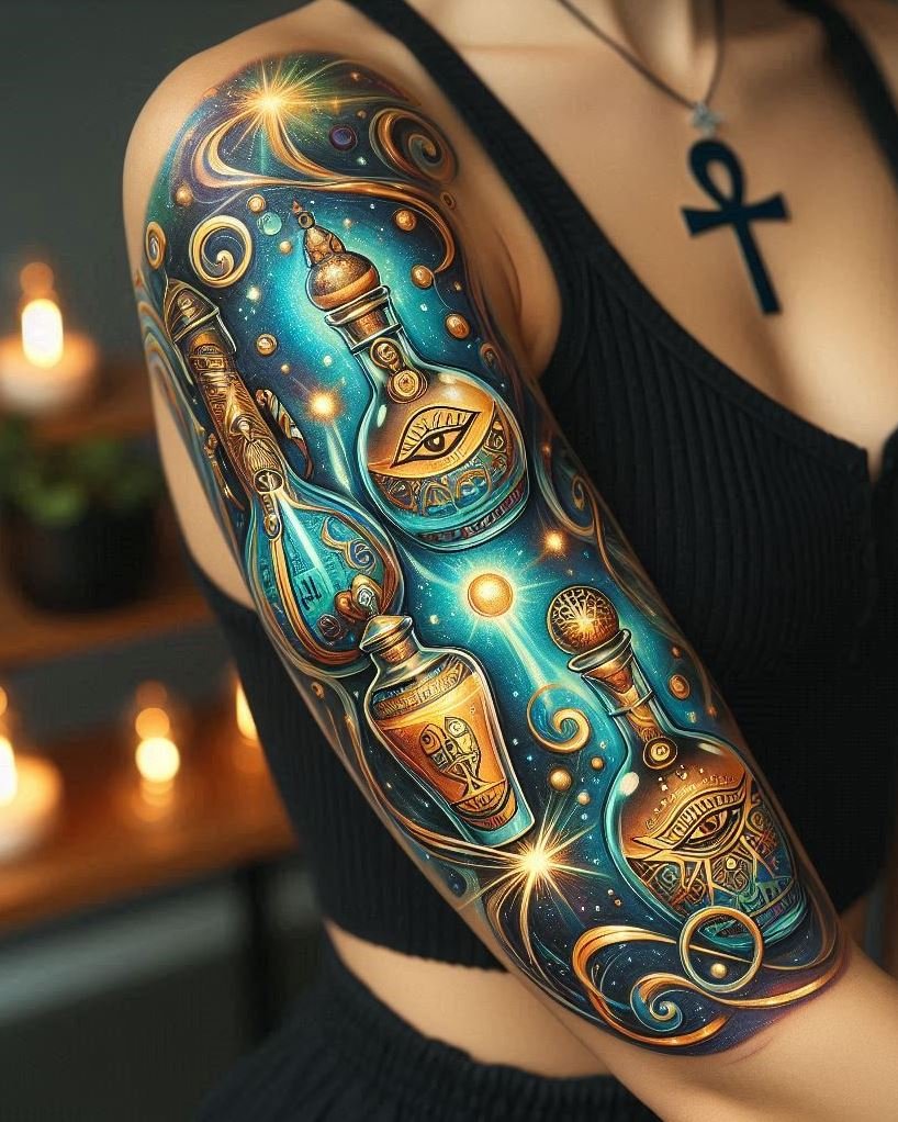 Embrace the magic of ancient Egypt with a hieroglyphs and potion tattoo. An intriguing design that blends history and fantasy.