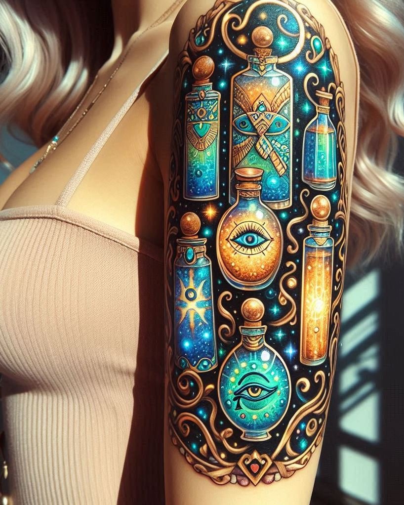Infuse your ink with the mystique of Egyptian hieroglyphs and potions. Perfect for a touch of ancient magic in your tattoo!