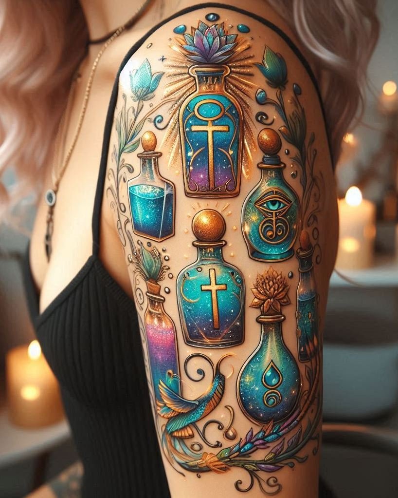 Travel back in time with an Egyptian hieroglyphs-inspired magic potion tattoo. A bewitching blend of history and enchantment!