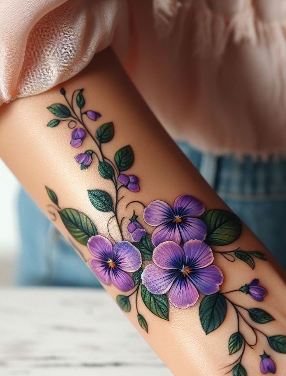 Celebrate your February birth with a stunning violet garland tattoo. These delicate blooms symbolize loyalty and faithfulness, adding a touch of elegance to your ink!
