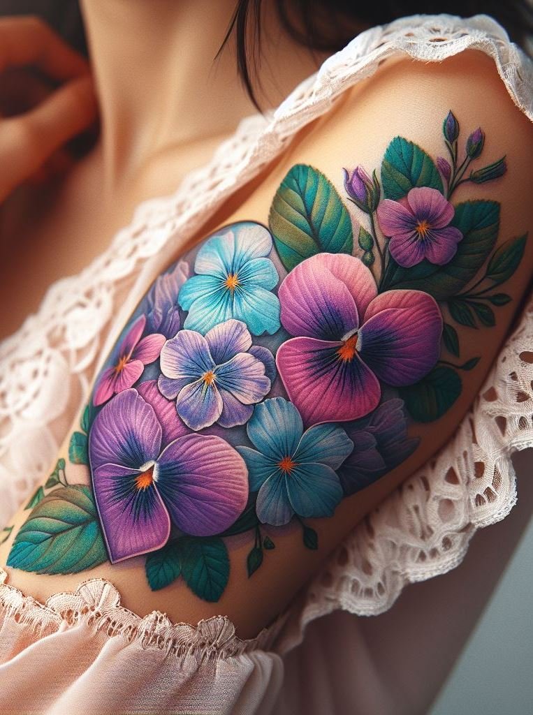 Celebrate February love with a heart and violets tattoo. This charming design symbolizes loyalty and affection, perfect for adding a romantic touch to your ink!