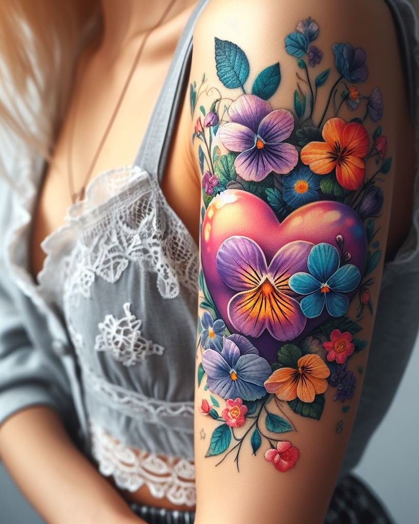 February-born? Adorn your skin with a heart and violets tattoo. This beautiful combination captures the essence of your birth month with elegance and grace!