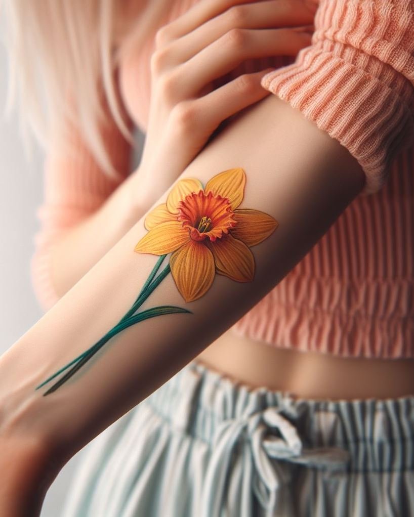 Celebrate March with a single daffodil tattoo. This bright bloom symbolizes new beginnings and fresh starts—perfect for ringing in spring with style!