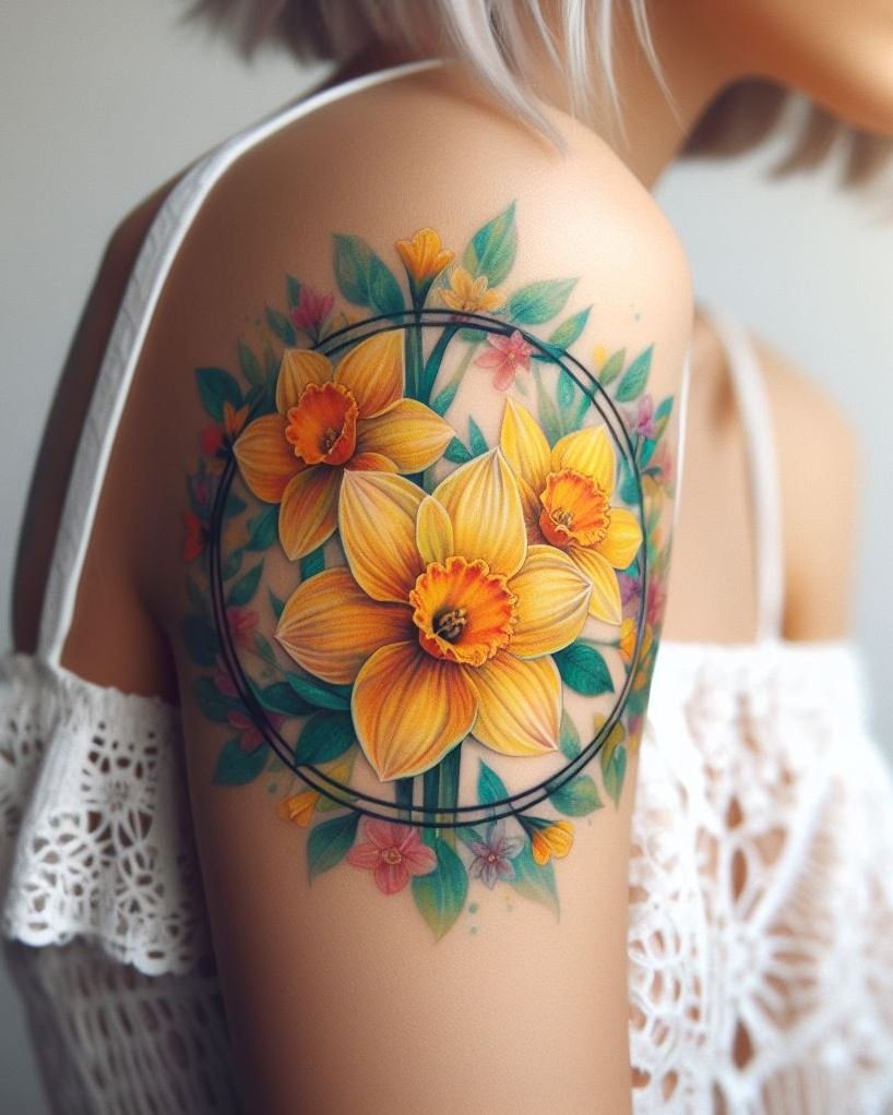 March-born? Embrace the season with a daffodil wreath tattoo. These cheerful blooms encircle your skin, capturing the essence of new beginnings and fresh starts!