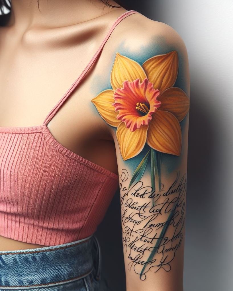 Celebrate March with a daffodil and script tattoo. This elegant design combines the beauty of daffodils with meaningful words, capturing the spirit of renewal and growth!